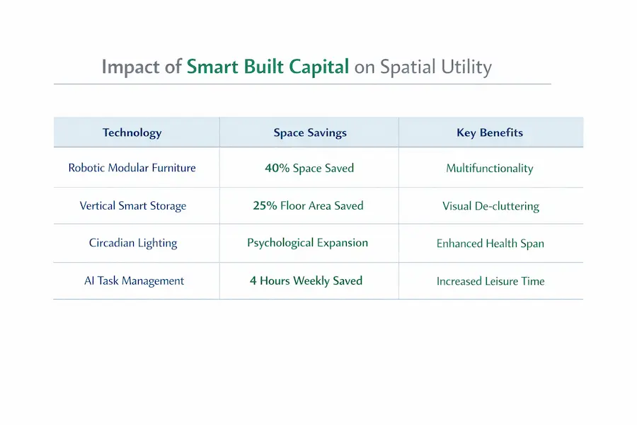Statistical table showing the efficiency of Smart Built Capital technologies, including space-saving percentages and human health span improvements through intelligent design.