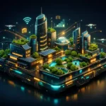 3D isometric illustration of a futuristic smart city showing Smart Built Capital integration, green rooftop gardens, and AI-connected urban infrastructure for high quality of life.