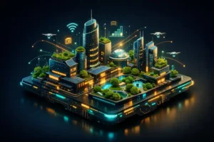 3D isometric illustration of a futuristic smart city showing Smart Built Capital integration, green rooftop gardens, and AI-connected urban infrastructure for high quality of life.