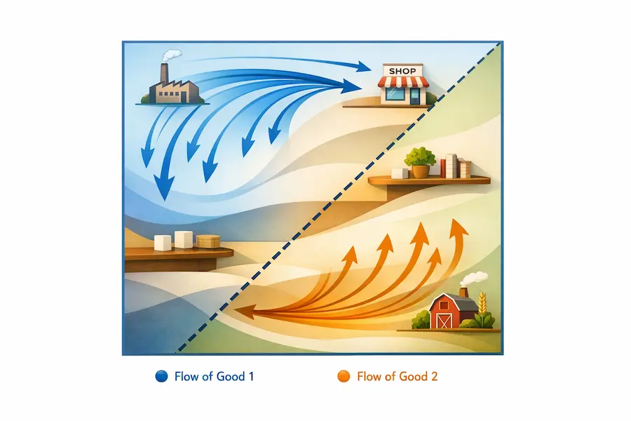 Analytical diagram illustrating spatial flow equilibrium based on the Gradient Law — showing bidirectional commodity flows and central vortex representing optimal movement efficiency.