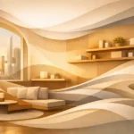 Abstract minimalist illustration symbolizing spatial flow and harmony in compact living — warm curved lines and soft gradients representing continuity and balance.