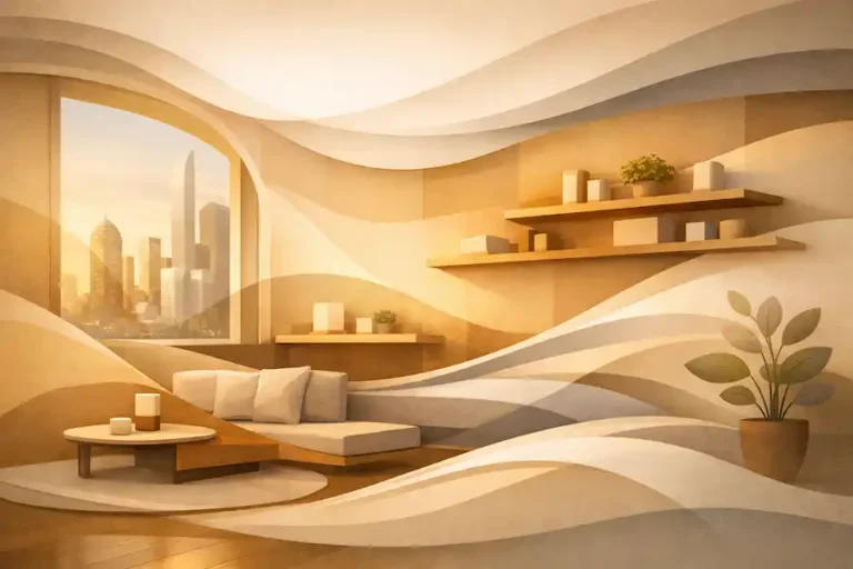 Abstract minimalist illustration symbolizing spatial flow and harmony in compact living — warm curved lines and soft gradients representing continuity and balance.