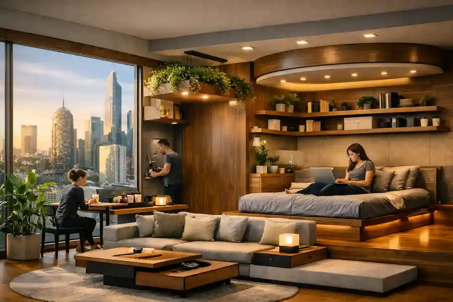 Modern compact apartment showcasing spatial flow and harmony through smart design, natural light, and multifunctional furniture in an urban setting.