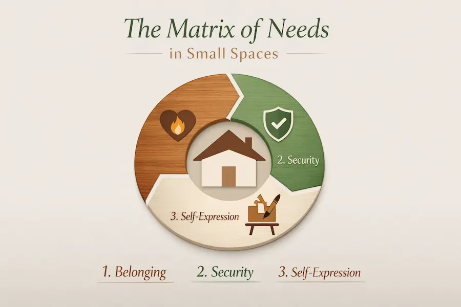 A conceptual diagram outlining the three psychological pillars—Belonging, Security, and Self-Expression—that define the core of Quality of Life in Small Spaces.
