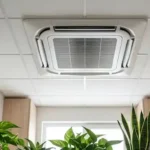 Ventilation and Indoor Air Quality optimization in a compact modern apartment, featuring a smart ceiling cassette unit and lush green air-purifying plants for a healthy airscape.