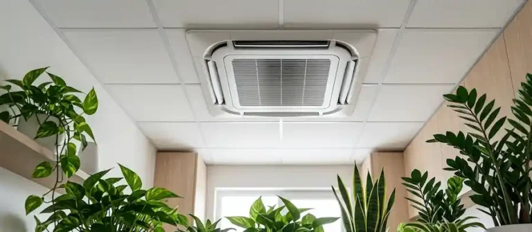 Ventilation and Indoor Air Quality optimization in a compact modern apartment, featuring a smart ceiling cassette unit and lush green air-purifying plants for a healthy airscape.
