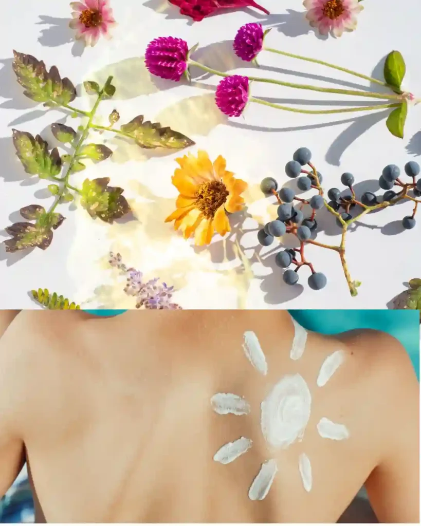 Natural plants and sunscreen symbol on skin, illustrating skincare in compact spaces with sunlight benefits and UV protection.