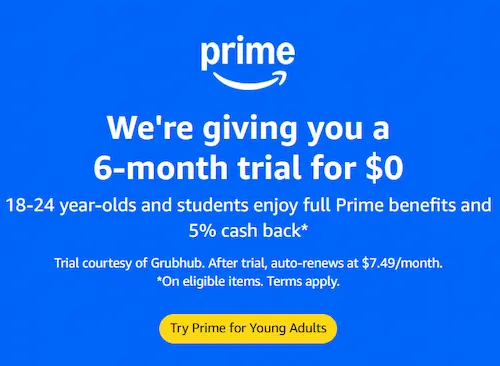 Official Amazon Prime for Young Adults 6 months free trial banner with a yellow sign up button