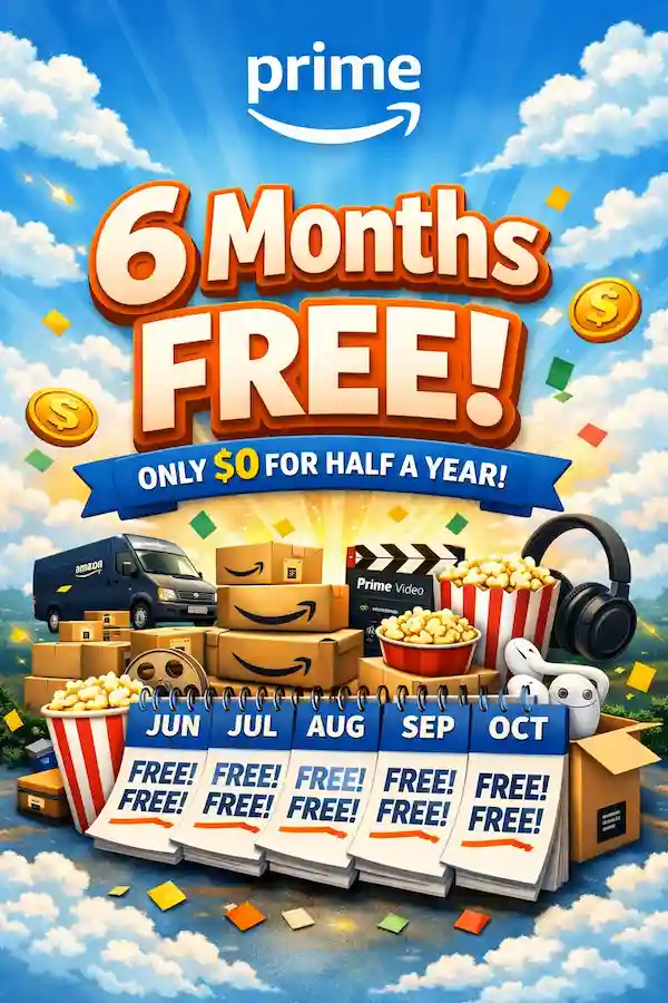 Promotional poster for Prime for Young Adults in the USA showing 6 months free from June to October with shipping boxes, Prime Video, and headphones