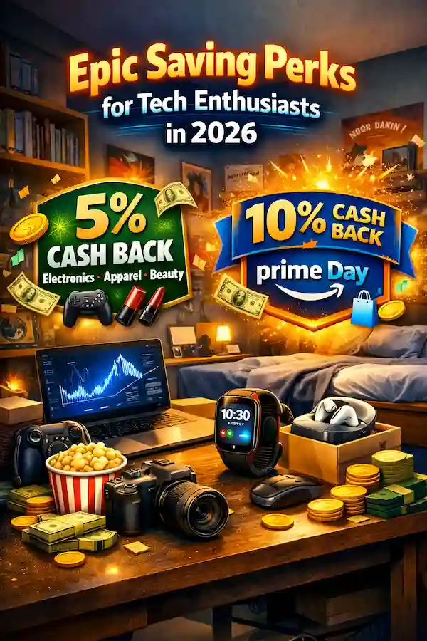 Infographic showing Epic Saving Perks for Tech Enthusiasts in 2026 with 5 percent cash back on electronics and 10 percent cash back during Prime Day surrounded by smart gadgets