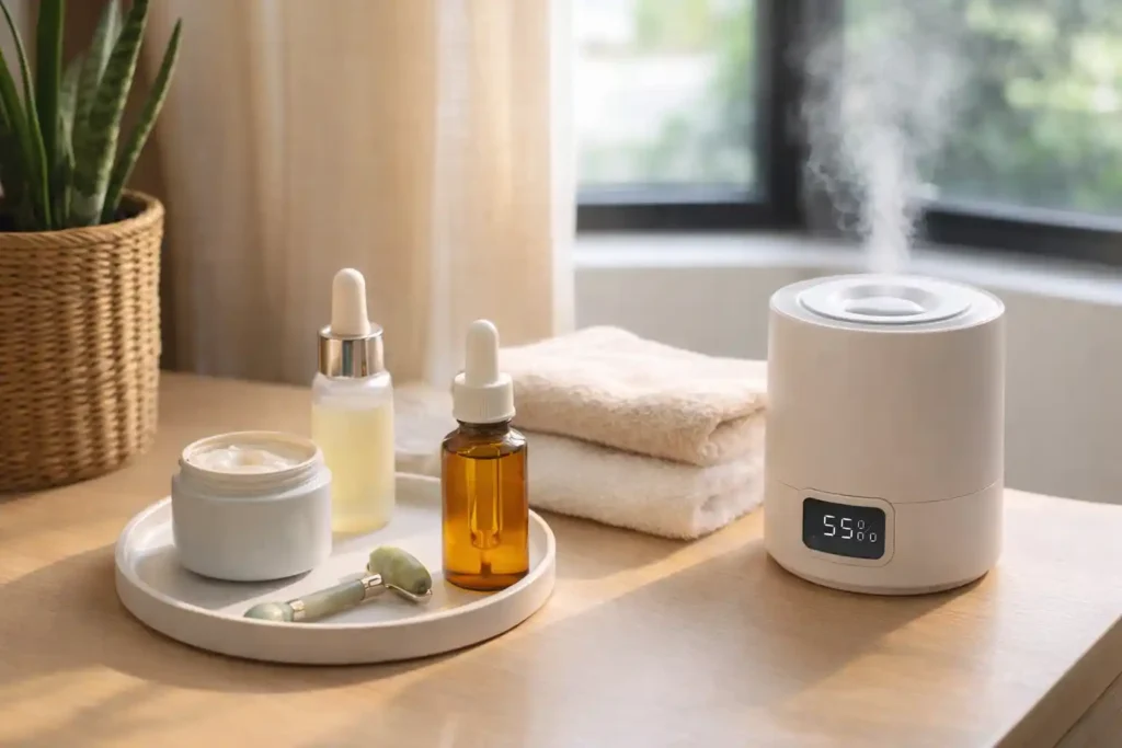 Skincare setup in a Small Space with natural sunlight and smart humidifier balancing UV and humidity for healthy skin