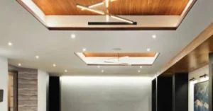 Human‑Centric Lighting with Govee RGBIC Floor Lamp in modern ceiling design with recessed wood panels and smart fixtures