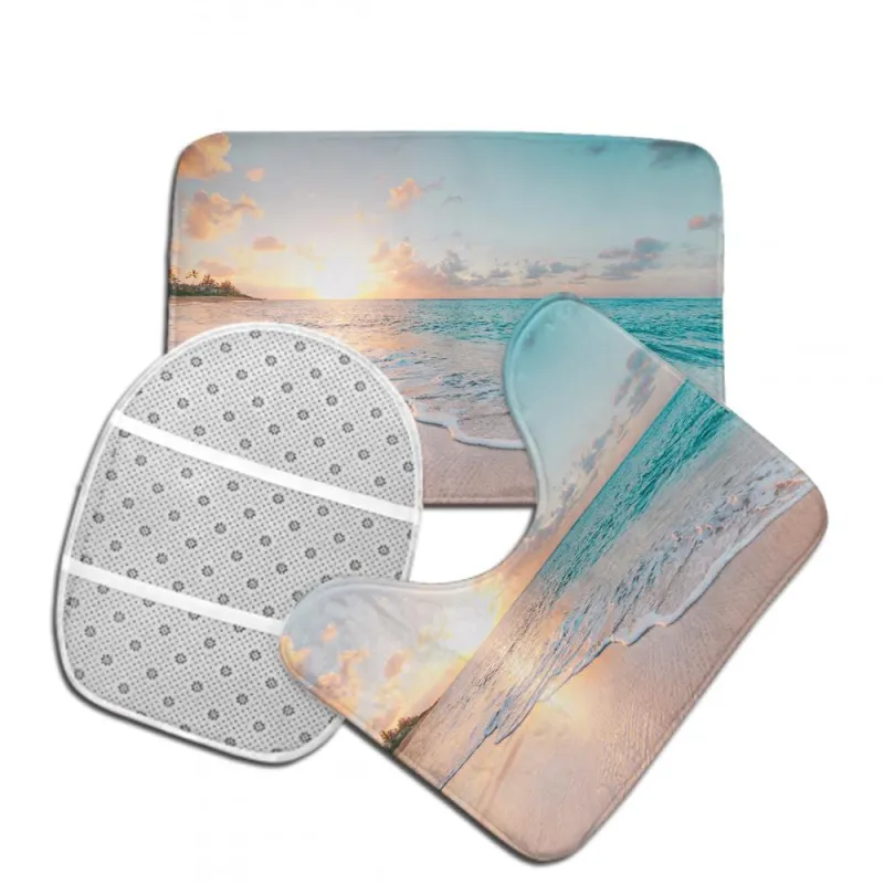 Anti-slip bathroom rug set with beach-themed design, featuring a toilet lid cover, U-shaped toilet mat, and soft bathroom floor rug.