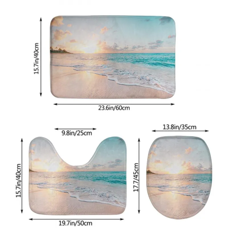 Bathroom rug set dimensions featuring a 60 cm sink mat, 50 cm U-shaped toilet rug, and 45 cm toilet lid cover for small bathrooms.