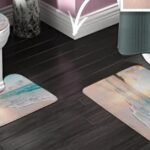 Beach-themed bathroom rug set with non-slip toilet mat, toilet lid cover, and sink rug designed for small bathroom decor and safety.