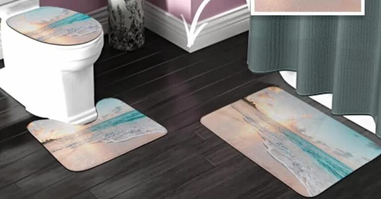 Beach-themed bathroom rug set with non-slip toilet mat, toilet lid cover, and sink rug designed for small bathroom decor and safety.