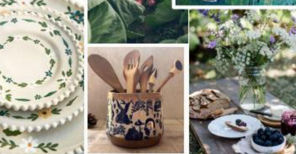 Small Home Decor 2027 Cottage Revival style featuring handcrafted ceramics, floral tableware, rustic kitchen accessories, wildflowers, and country-inspired decor.