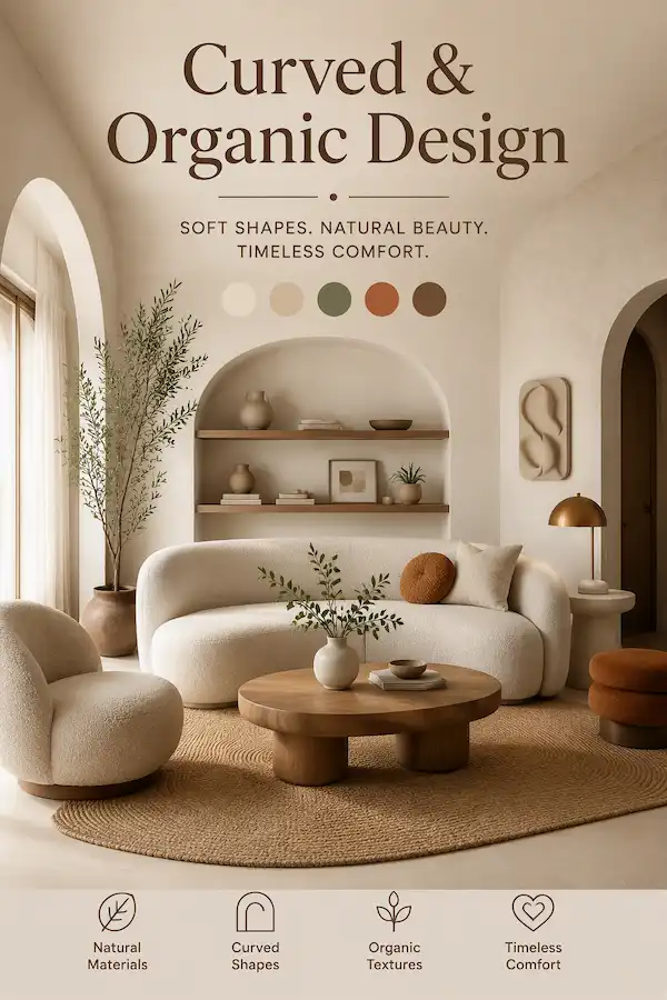 Small Home Decor 2027 featuring curved organic furniture, rounded sofa, sculptural chair, natural wood accents, and warm minimalist interior design.