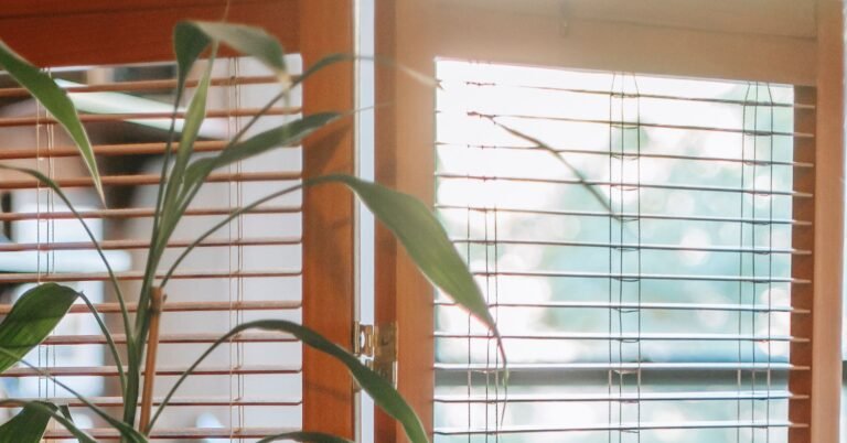 BlindsMagic motorized bamboo blinds filtering warm natural sunlight next to indoor houseplant