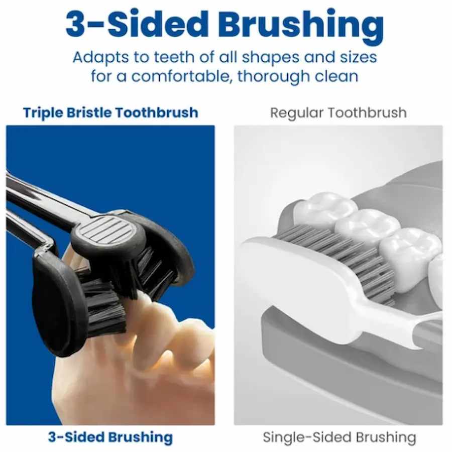 Triple Bristle Max Sonic Toothbrush 3-sided brushing comparison vs regular single-sided toothbrush