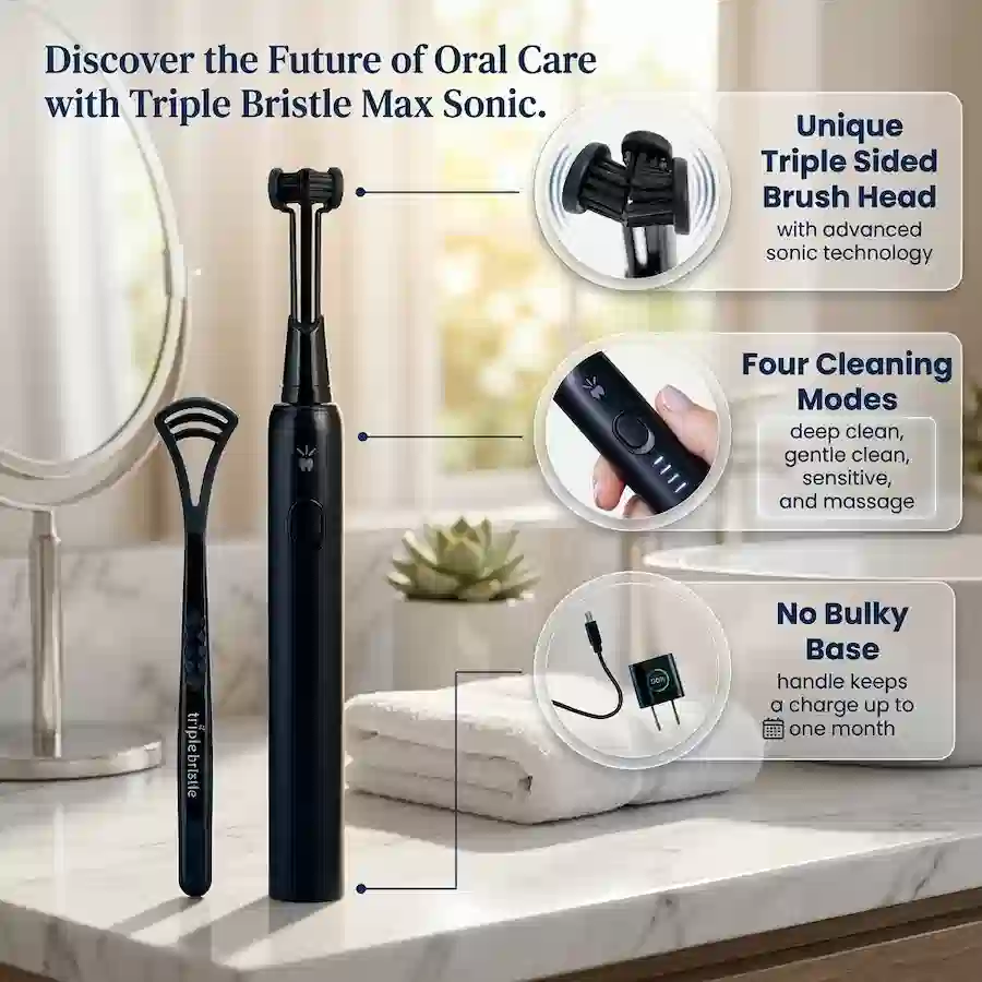 Triple Bristle Max Sonic Toothbrush with 3-sided brush head and smart AI oral hygiene features